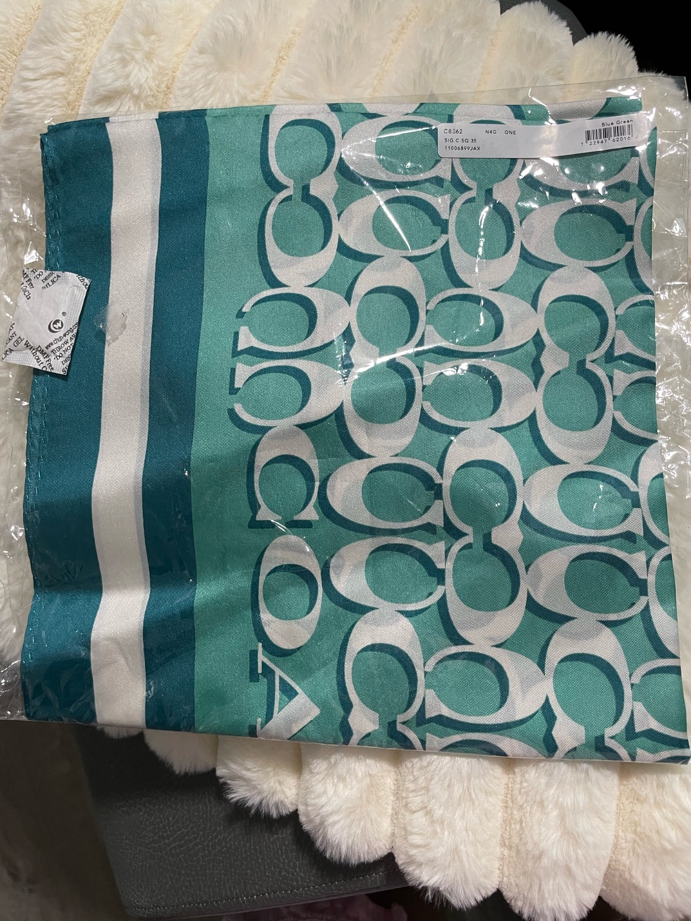 NWT Coach Teal and White Signature 100% Silk Scarf